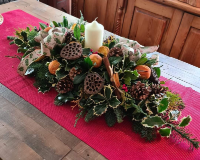 Festive Fayre - A large and luscious table centre, complete with a candle.....traditional with a twist!